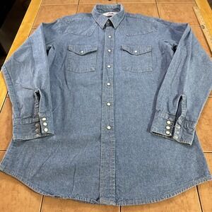 Dakota Five Brothers Shirt Mens Sz Large Tall Blue Denim Pearl Snap‎ USA Western